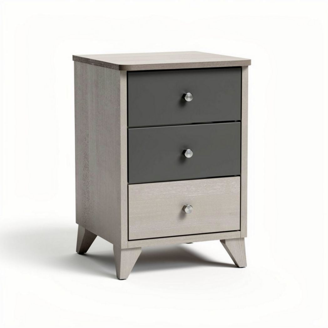 Comodino moderno in legno con tre cassetti grigio e bianco 40 x 30 x 70cm