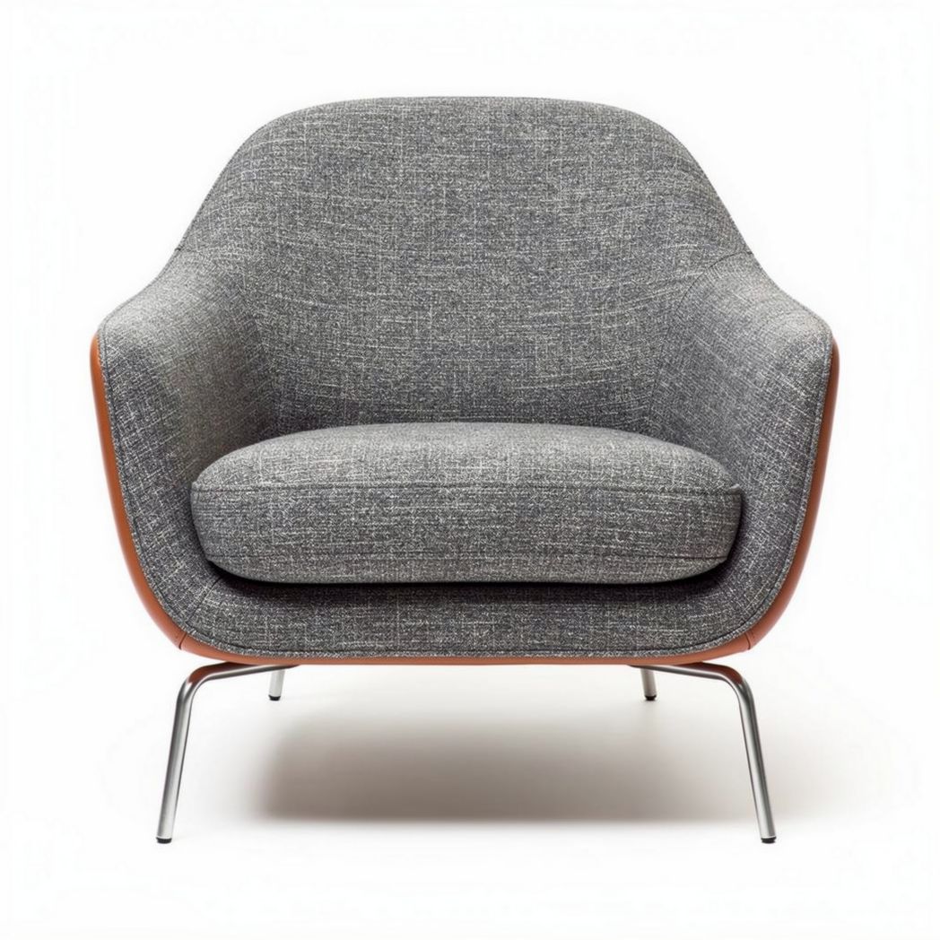 Poltrona moderna in tessuto grigio e pelle con struttura metallica 75 x 75 x 80cm